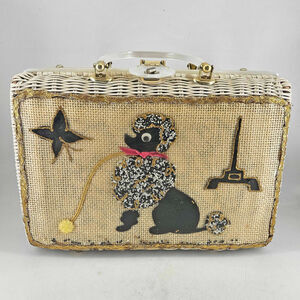 Vintage Wicker lucite handle beaded Poodle Purse Retro bag handbag